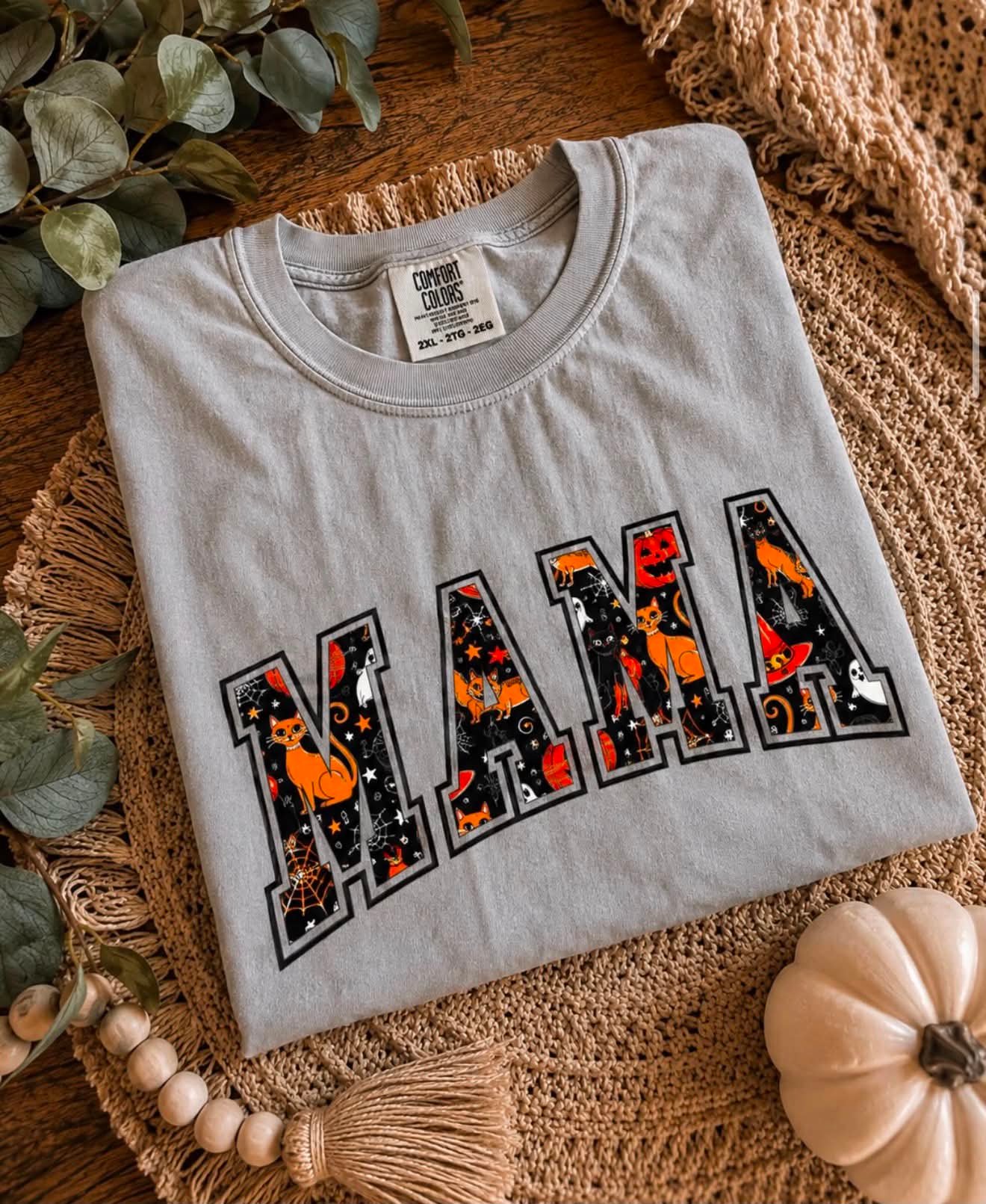 Grey tee with an applique Mama design filled with a Halloween cat and pumpkin pattern