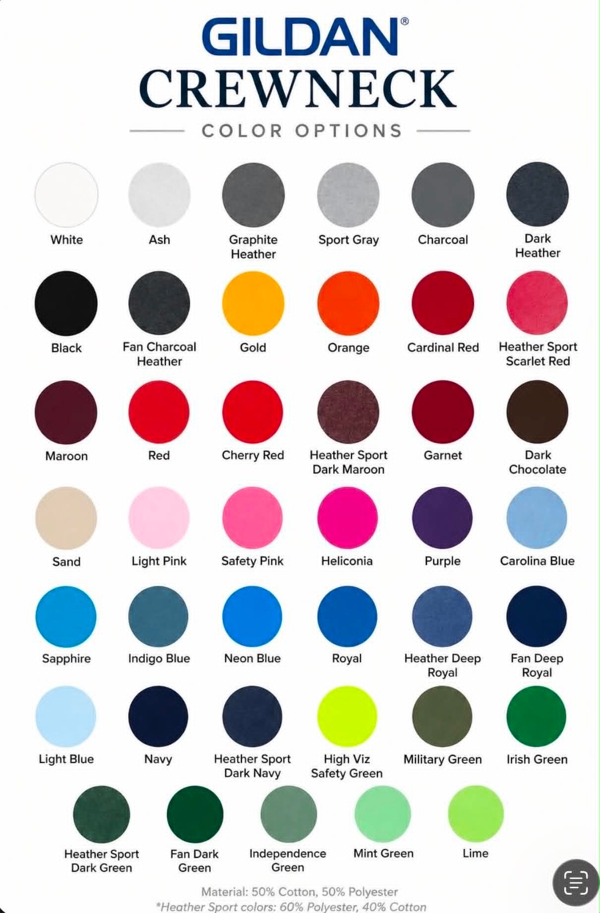 Gildan crewneck color options chart